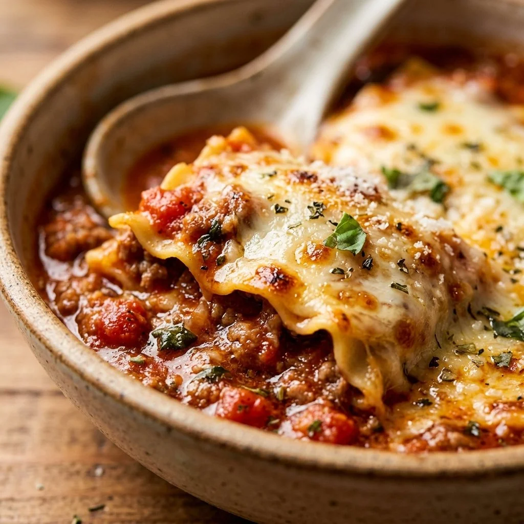 A warm bowl of lasagna soup garnished with herbs and cheese.
