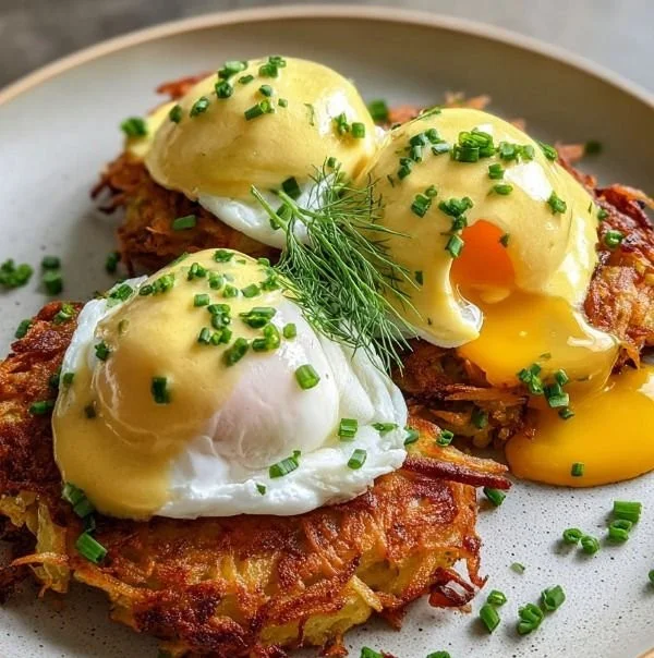 Delicious Latke Eggs Benedict with crispy latkes and poached eggs topped with hollandaise sauce.