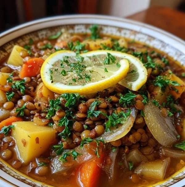 Bowl of Lebanon-style lentil soup garnished with fresh herbs and spices.