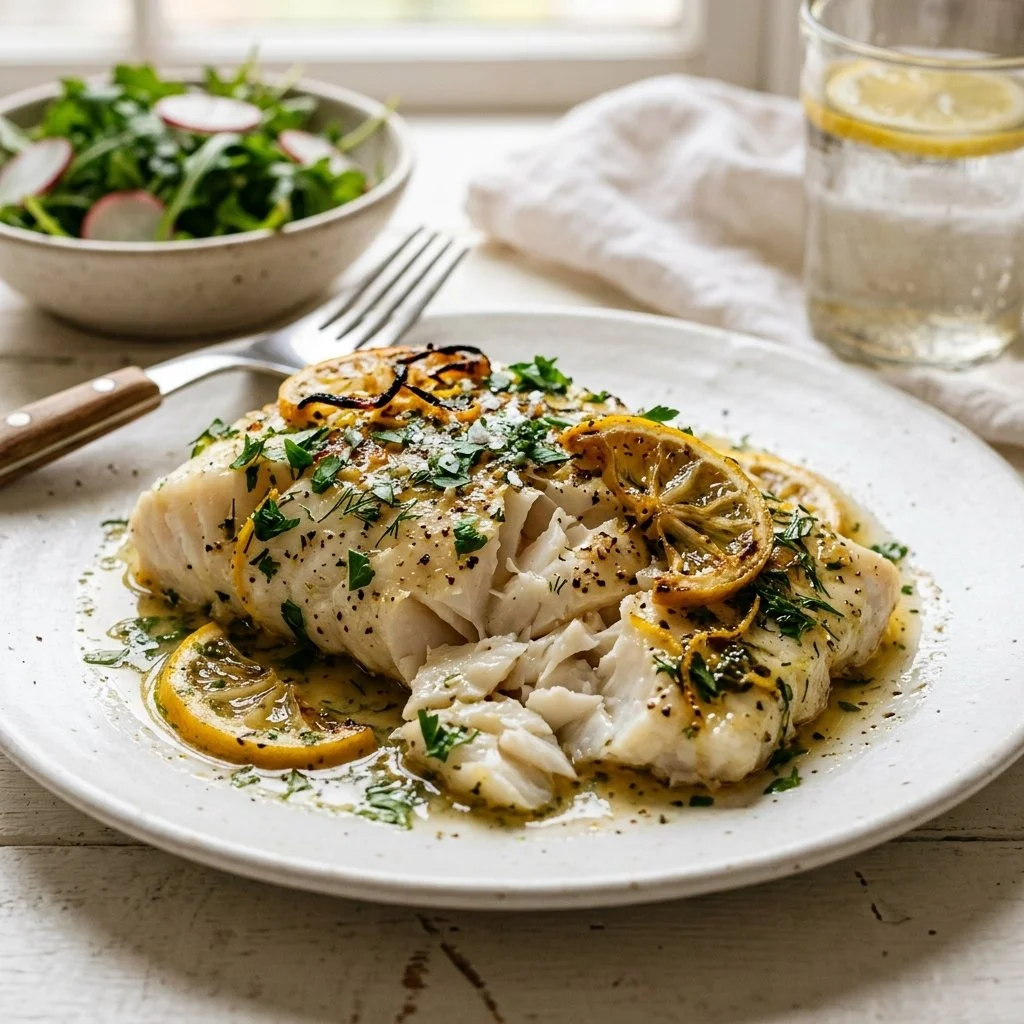 Lemon baked cod served with fresh herbs and lemon slices