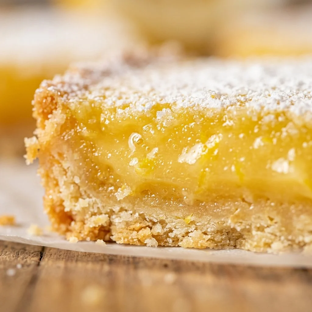 Delicious homemade lemon bars topped with powdered sugar on a white plate