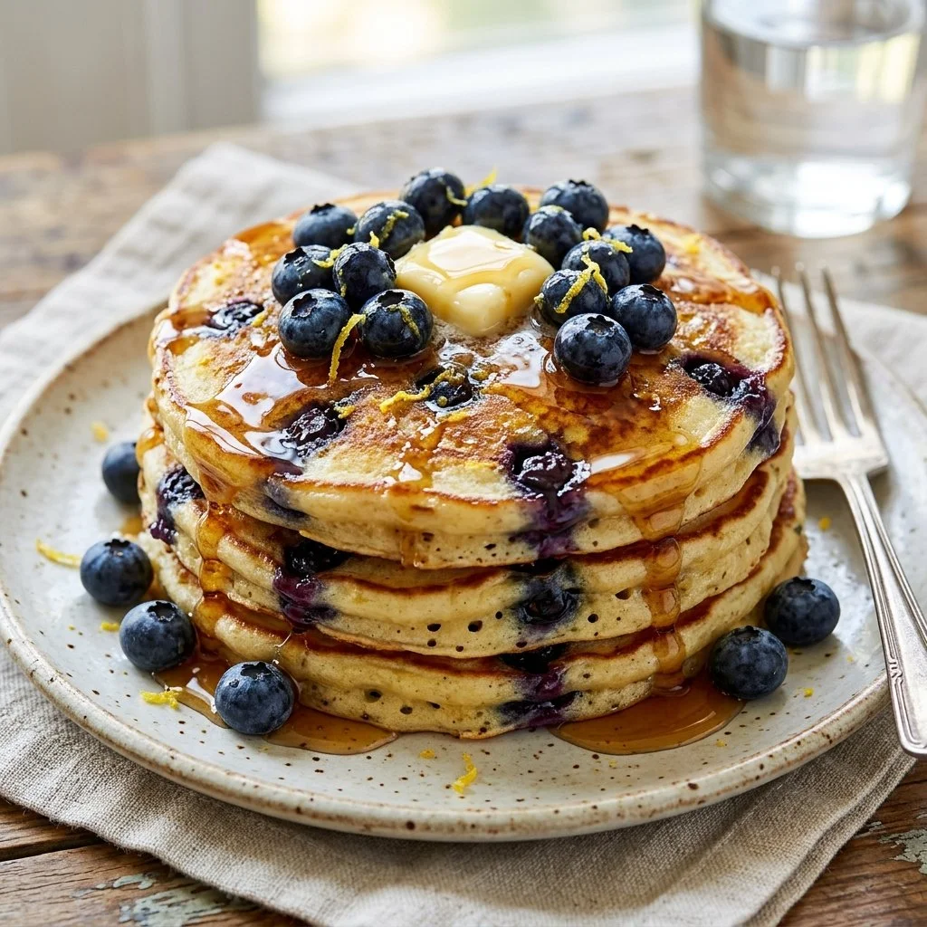 Plate of fluffy lemon blueberry pancakes topped with fresh berries and syrup.