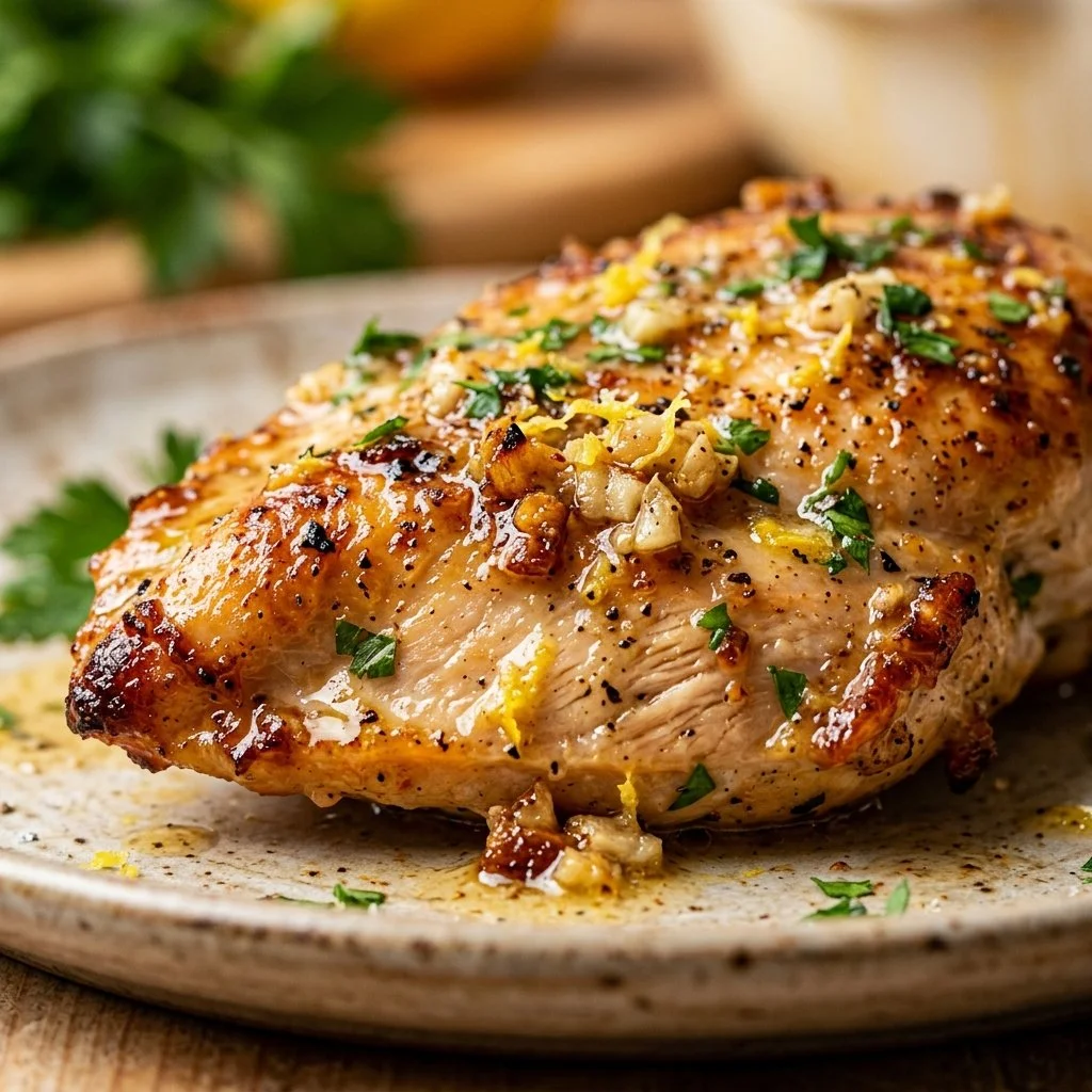 Delicious lemon garlic butter chicken served on a plate with herbs