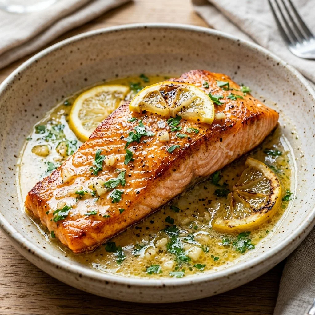 Plate of Lemon Garlic Butter Salmon garnished with herbs