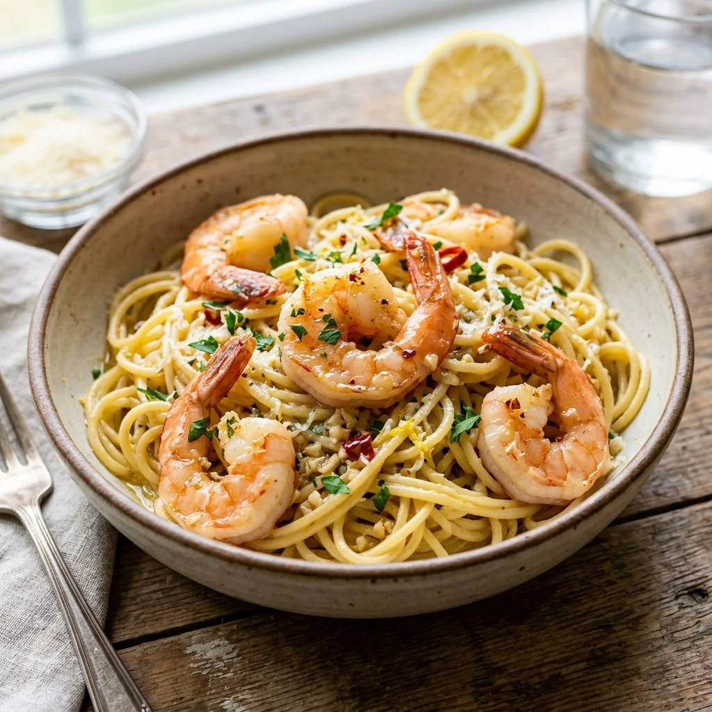 Lemon Garlic Shrimp Pasta with fresh herbs and lemon zest