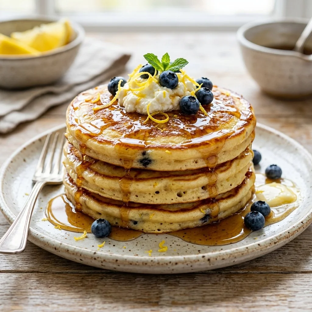 Stack of fluffy lemon ricotta pancakes topped with syrup and lemon zest