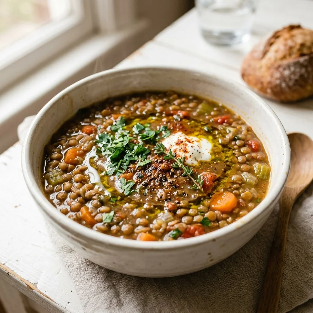 A bowl of hearty lentil soup garnished with herbs