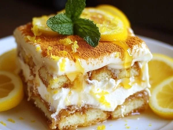 Limoncello Tiramisu dessert with layers of mascarpone and coffee-soaked ladyfingers