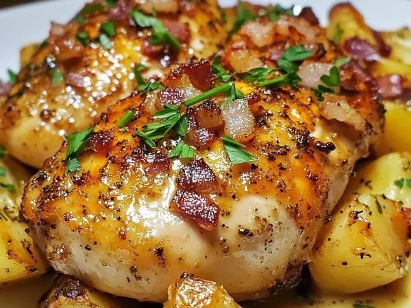 Delicious loaded chicken and potatoes dish, topped with cheese and herbs.