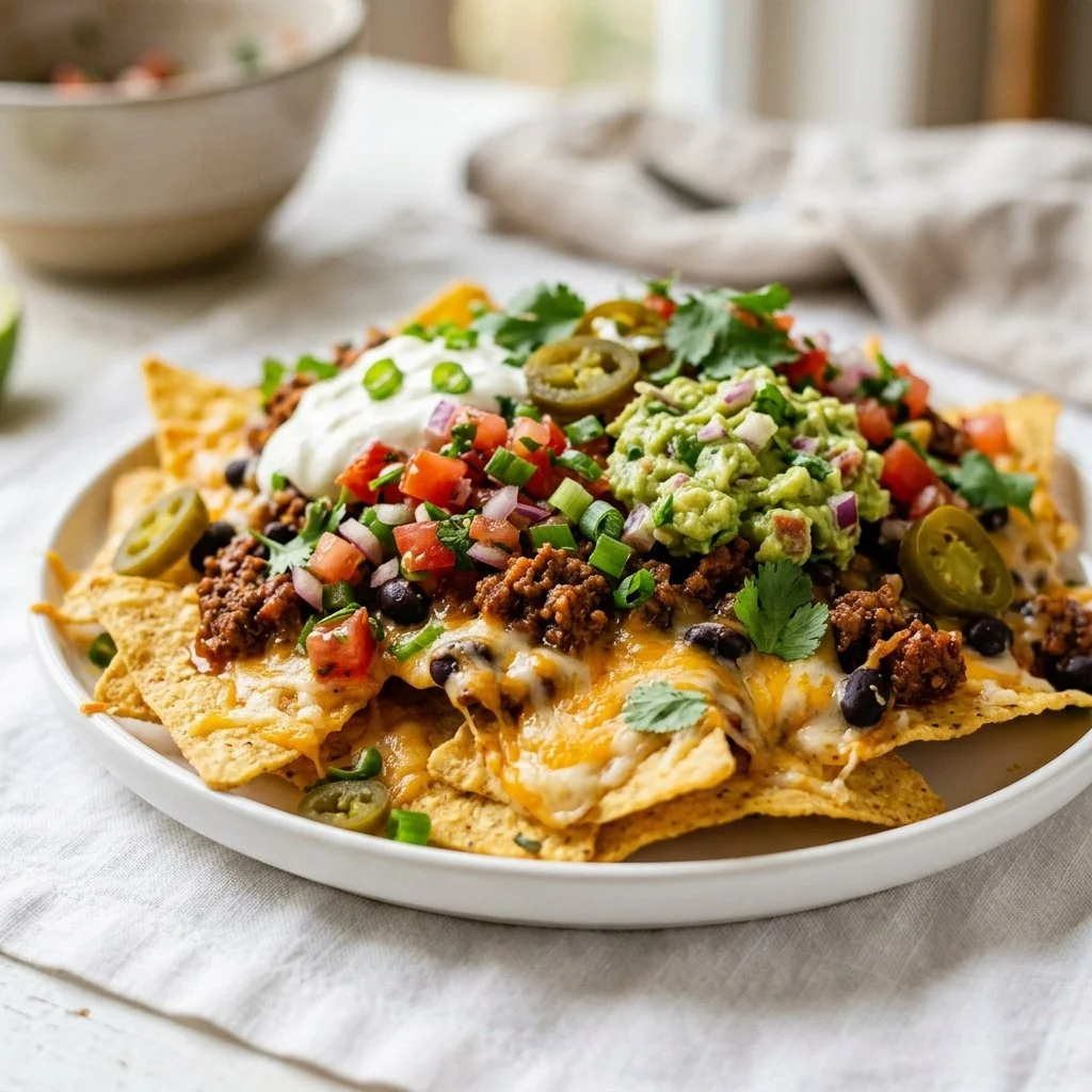 Delicious loaded nachos topped with cheese, jalapeños, and guacamole