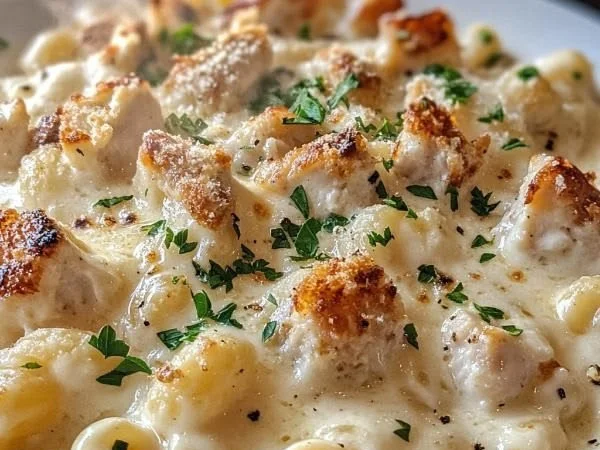 Low-calorie high-protein mac and cheese dish served in a bowl