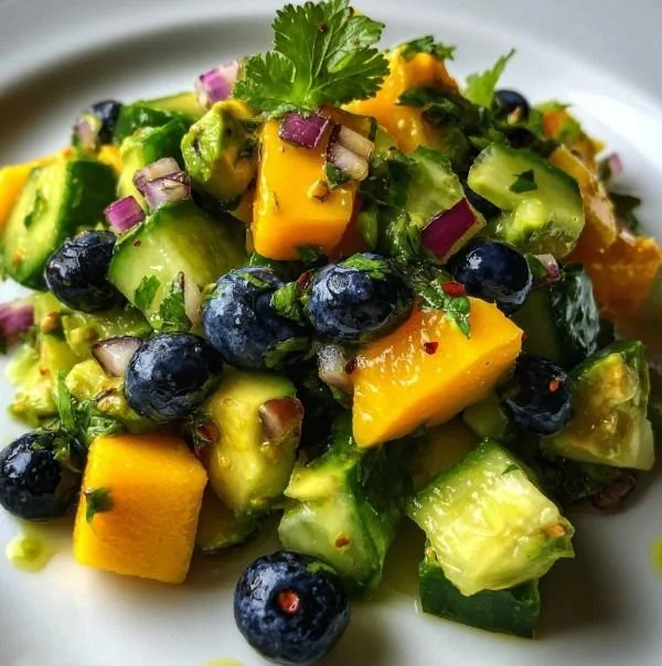 Mango Cucumber Salad with blueberries and avocado served in a bowl