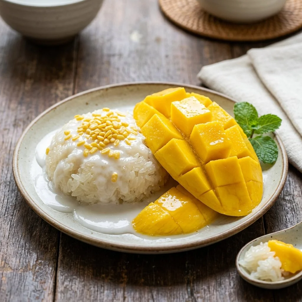 Delicious Mango Sticky Rice topped with ripe mango slices and coconut sauce