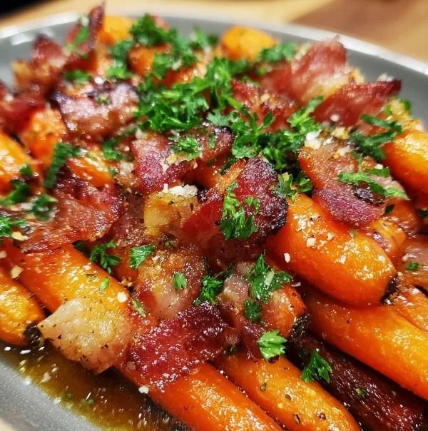 Plate of maple bacon carrots showcasing vibrant colors and savory ingredients.