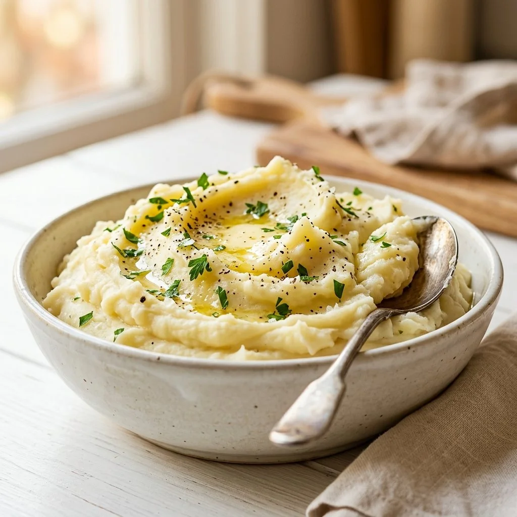 Creamy and fluffy mashed potatoes served in a bowl with herbs