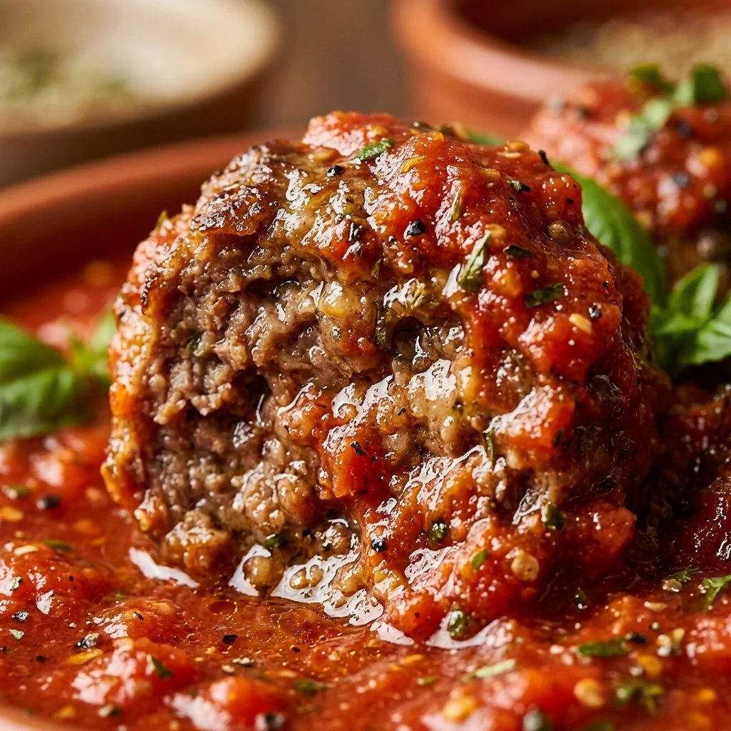 Plate of meatballs topped with marinara sauce and fresh herbs