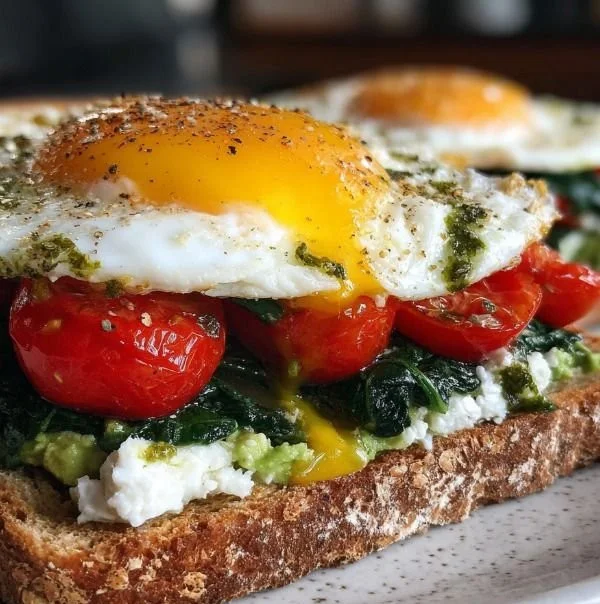 Mediterranean breakfast sandwich with fresh ingredients and herbs