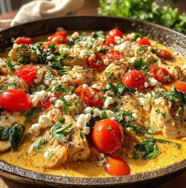 Mediterranean chicken skillet dish with colorful vegetables and herbs