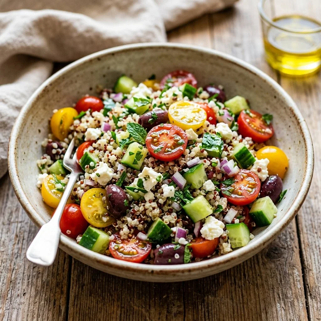 Colorful Mediterranean Quinoa Salad with fresh vegetables and herbs