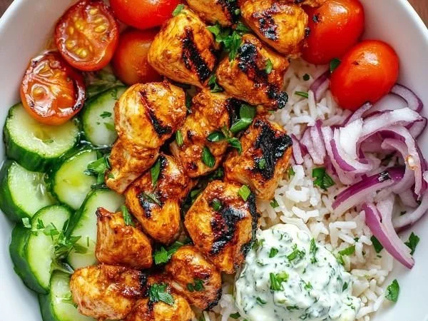 Mediterranean Rice Bowl with grilled chicken tawook skewers and fresh vegetables