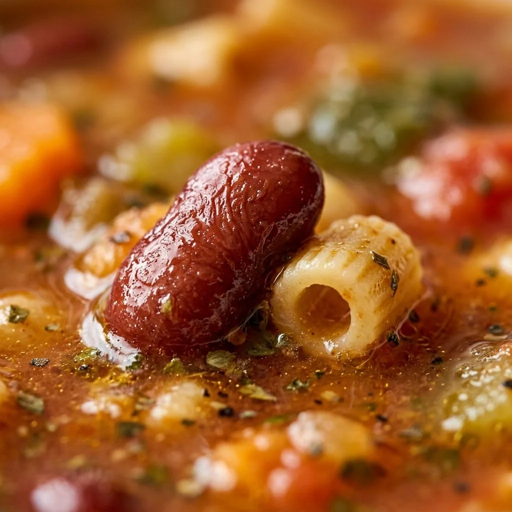 Bowl of colorful minestrone soup filled with vegetables and pasta