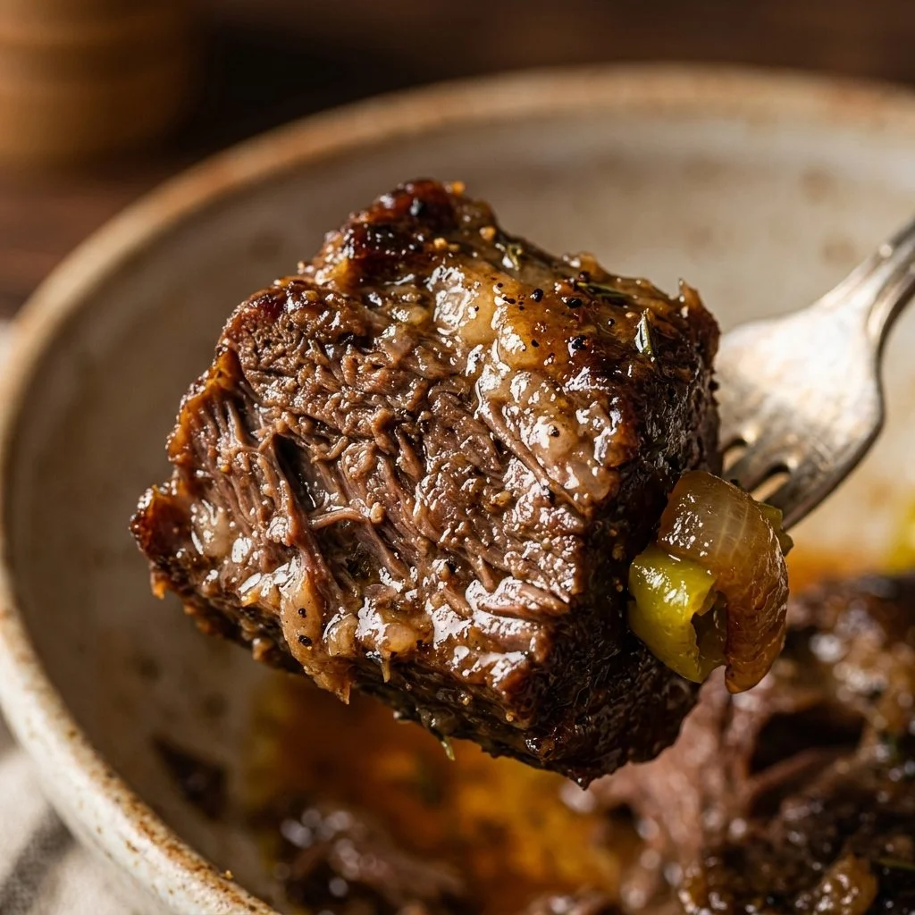 Juicy Mississippi Pot Roast served with vegetables in a rustic dish