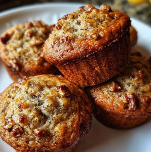 Freshly baked moist banana bread muffins on a wooden table