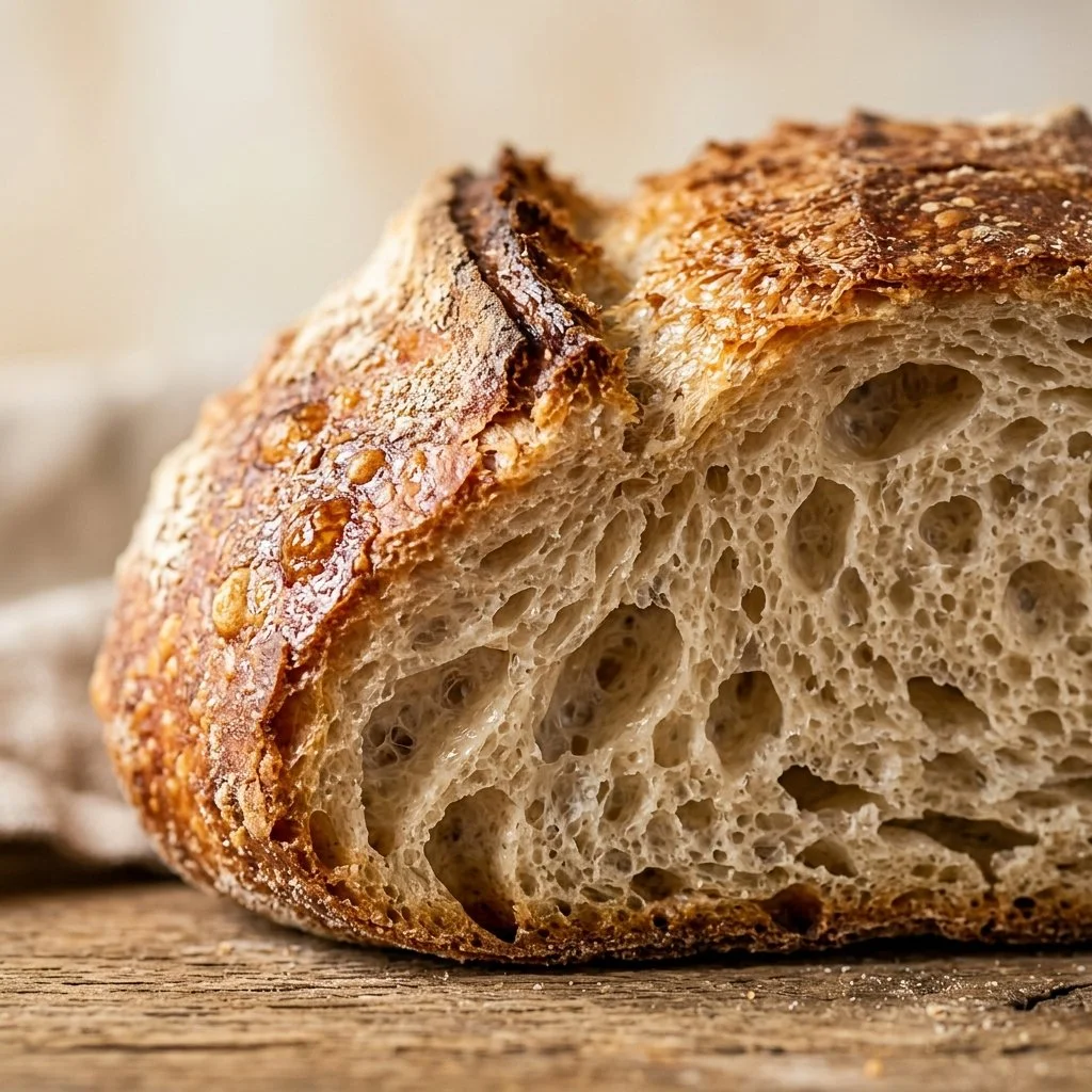 Freshly baked No-Knead Bread loaf on a wooden table