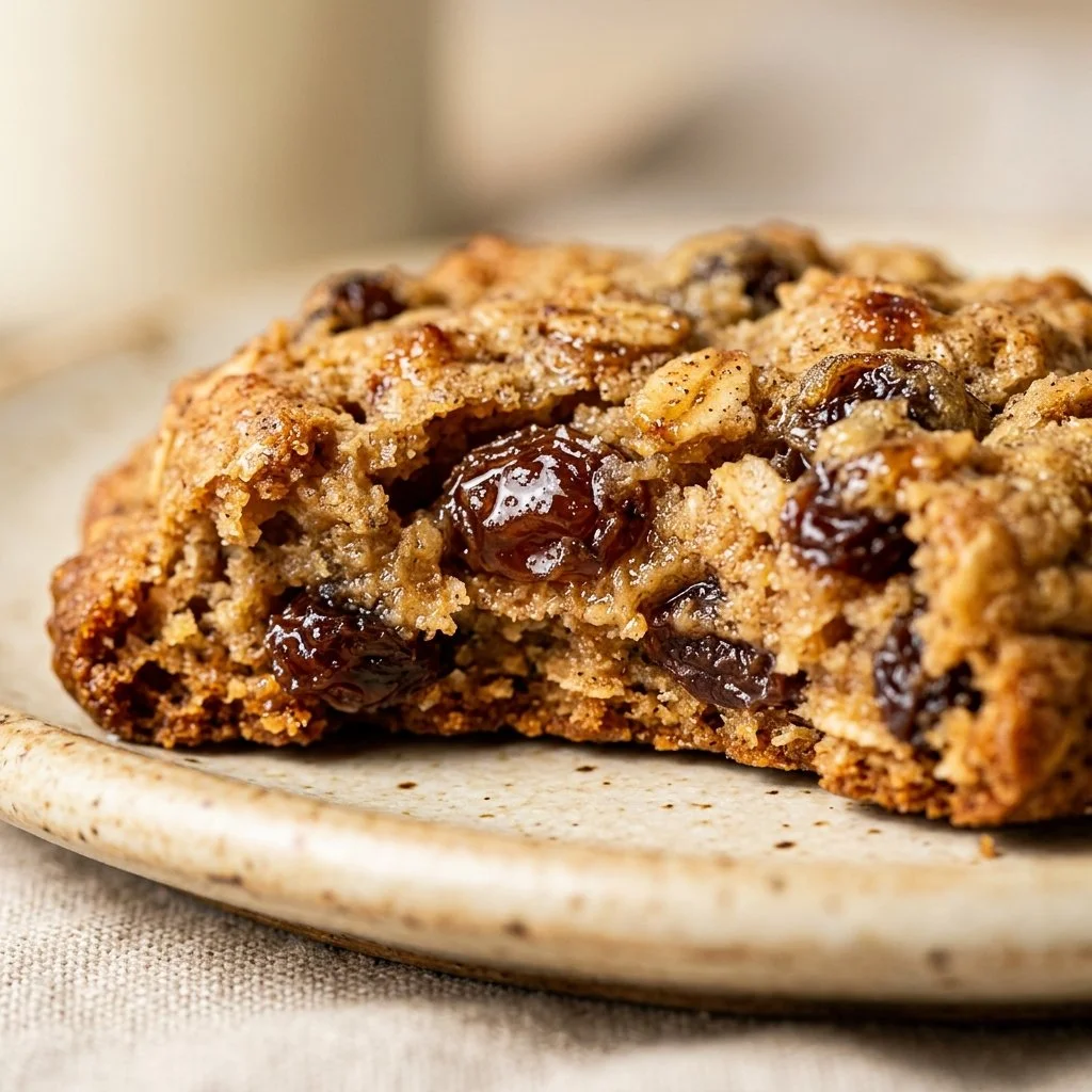 Freshly baked oatmeal raisin cookies cooling on a wire rack