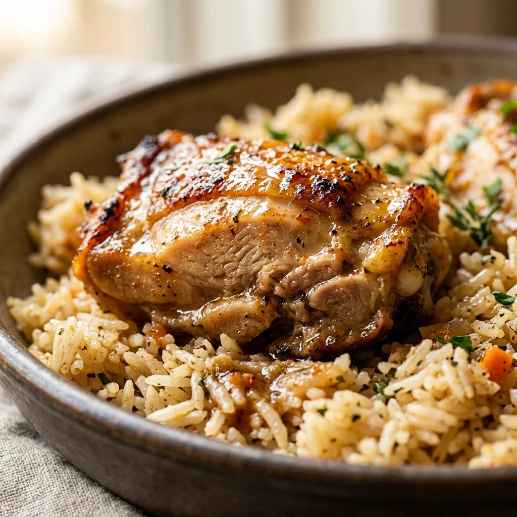 One-Pan Chicken and Rice dish ready to serve with fresh herbs on top