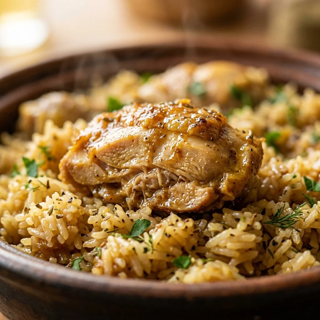 A delicious bowl of one-pot chicken and rice dish served with fresh herbs.