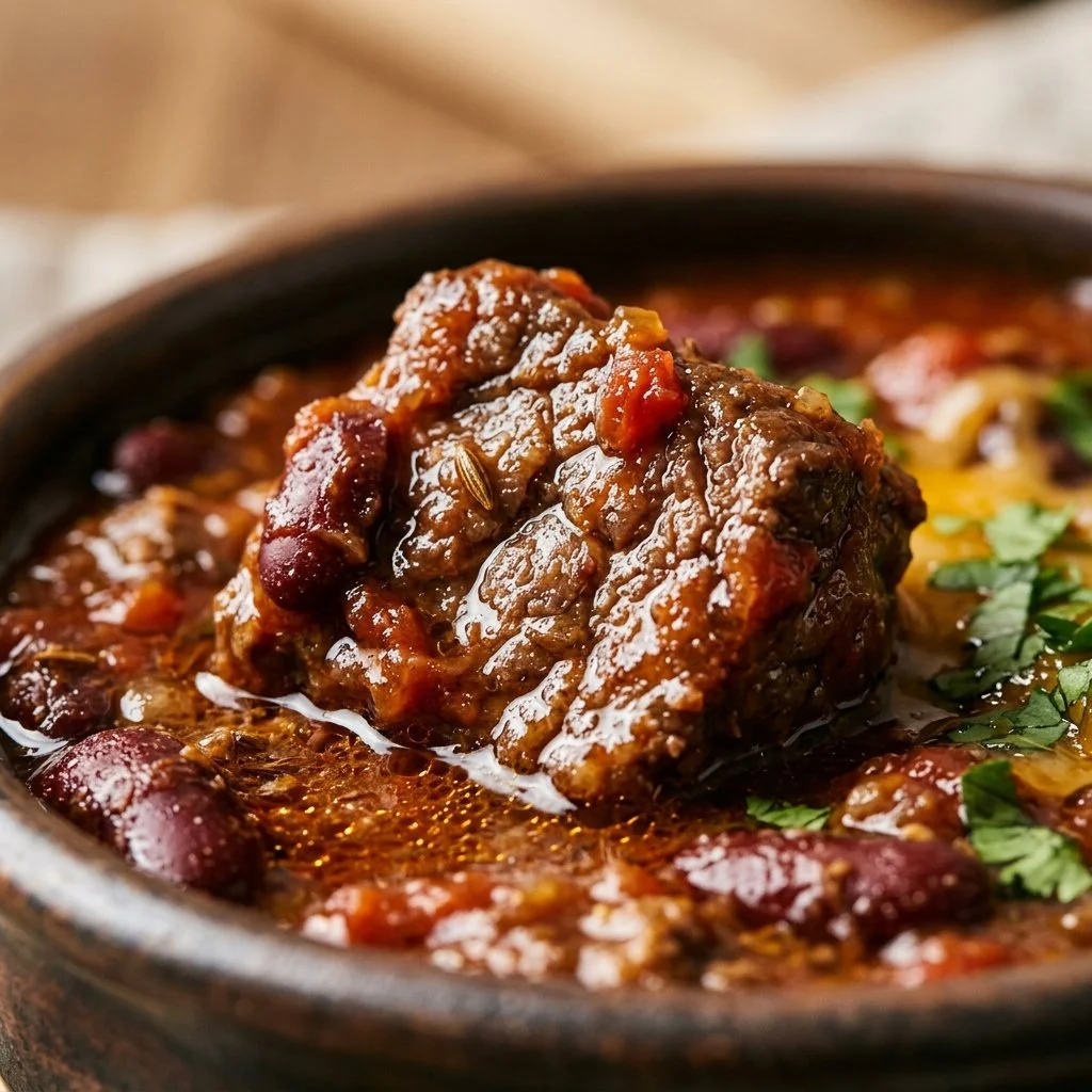 A hearty one-pot chili simmering on the stove with beans and spices
