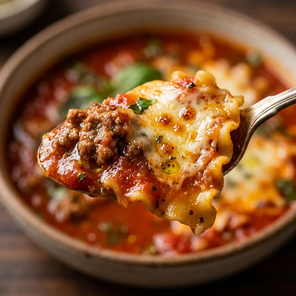 Delicious One-Pot Lasagna Soup garnished with basil and cheese in a bowl.