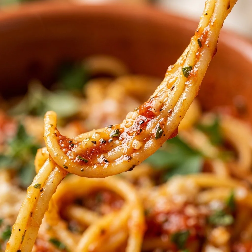 Delicious One-Pot Spaghetti served in a bowl with herbs and cheese