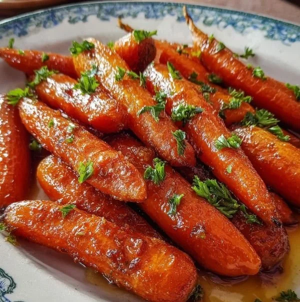 Oven-roasted brown sugar glazed carrots garnished with herbs