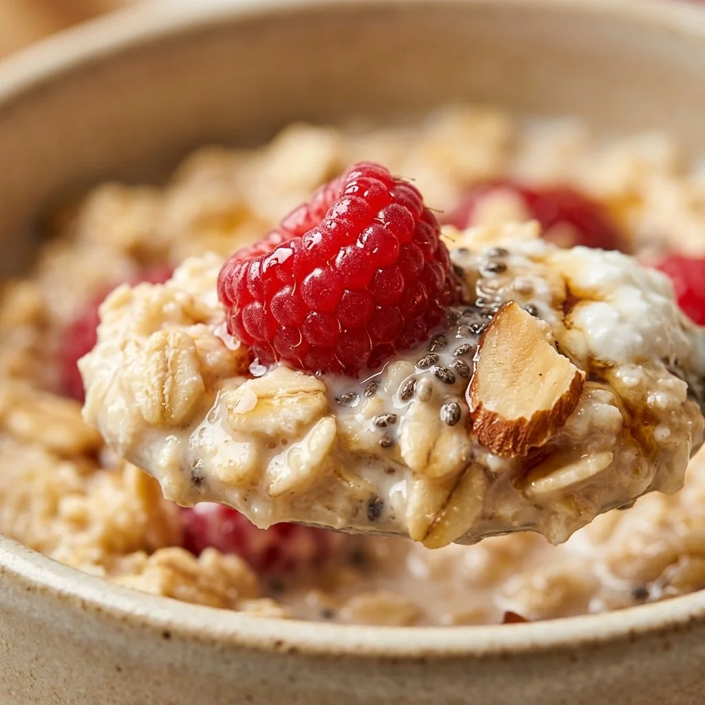 Bowl of colorful overnight oats topped with fruits and nuts for breakfast