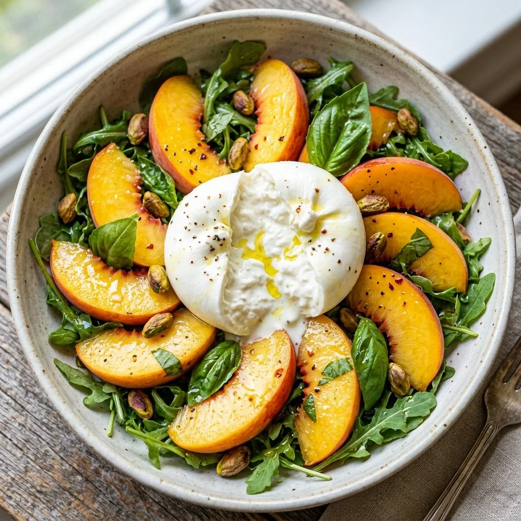 A vibrant Peach Burrata Salad featuring fresh peaches, creamy burrata cheese, and greens.