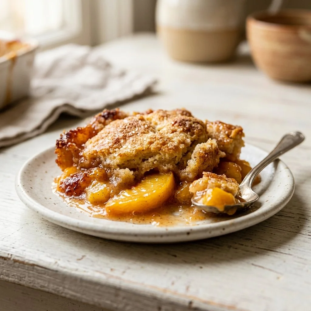 Delicious homemade peach cobbler with golden crust and fresh peaches