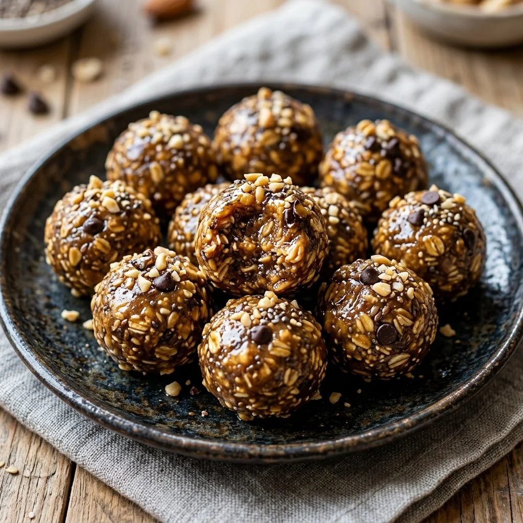 Homemade peanut butter protein balls on a wooden table with nuts.