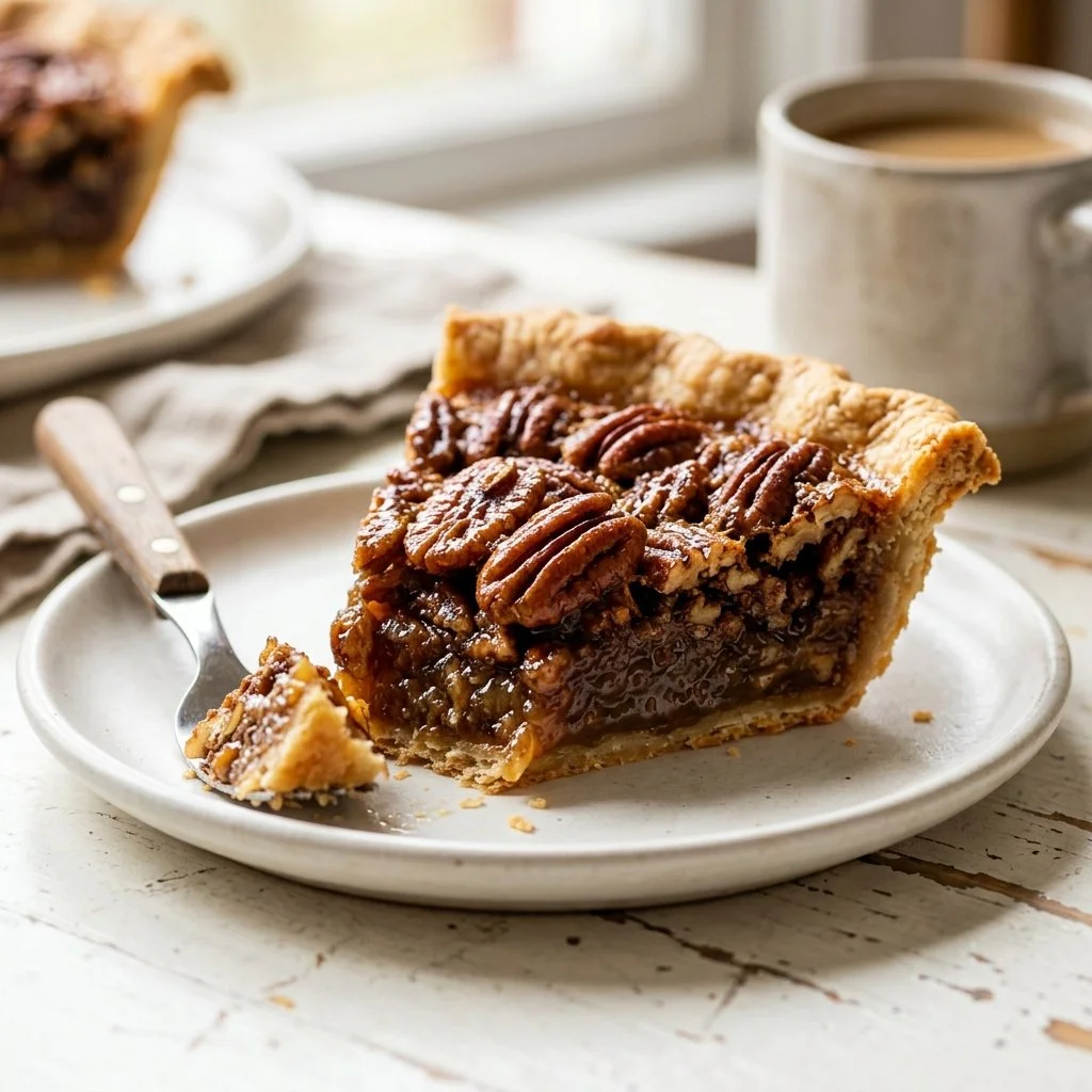Delicious pecan pie with a golden crust topped with pecans