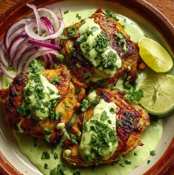 Plate of Peruvian chicken in creamy green sauce with herbs and spices.