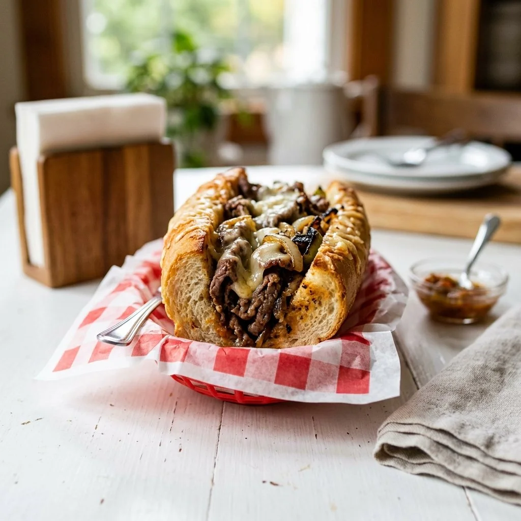 Mouthwatering Philadelphia cheesesteak sandwich with tender beef and toppings