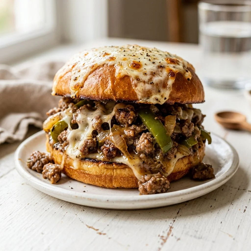 Delicious Philly Cheesesteak Sloppy Joes served with toppings