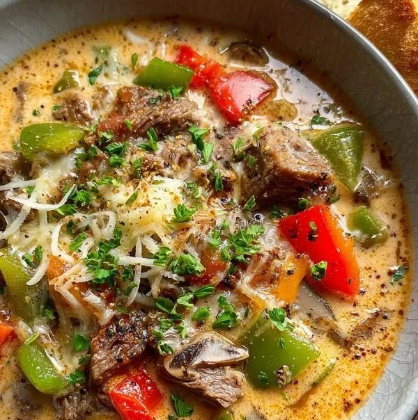 Delicious Philly Cheesesteak Soup served in a bowl with toppings.