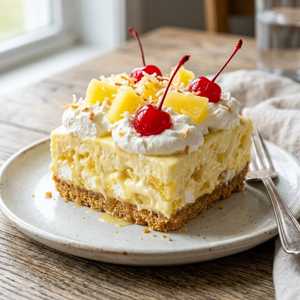 Pineapple Dream Dessert served in a glass with whipped cream and coconut flakes