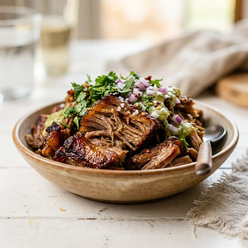 Delicious Pork Carnitas served in a taco with garnishes