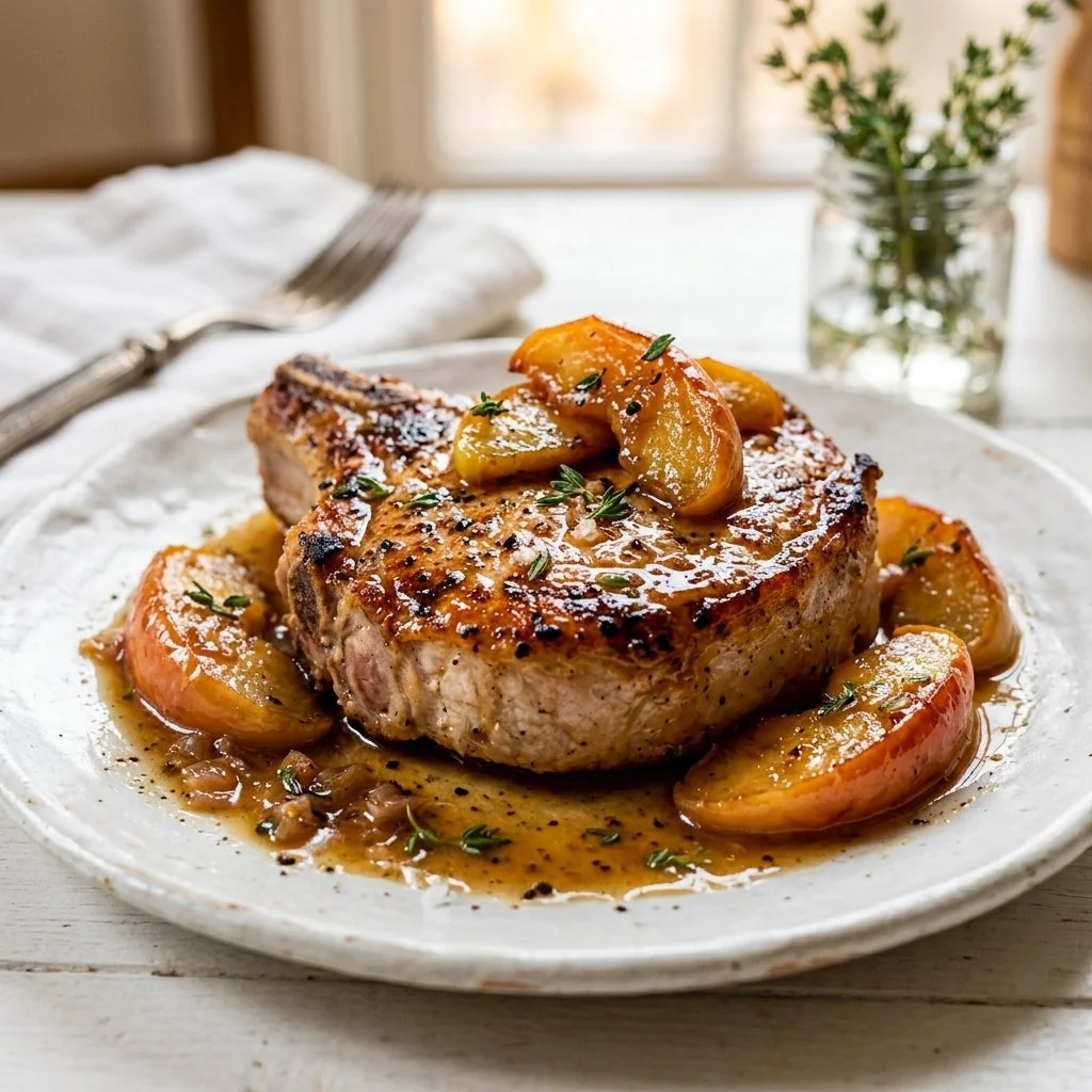 Pork chops with apples dish, showcasing savory and sweet flavors in a hearty meal.
