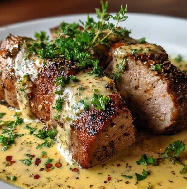 Pork Tenderloin served with creamy Dijon sauce on a plate