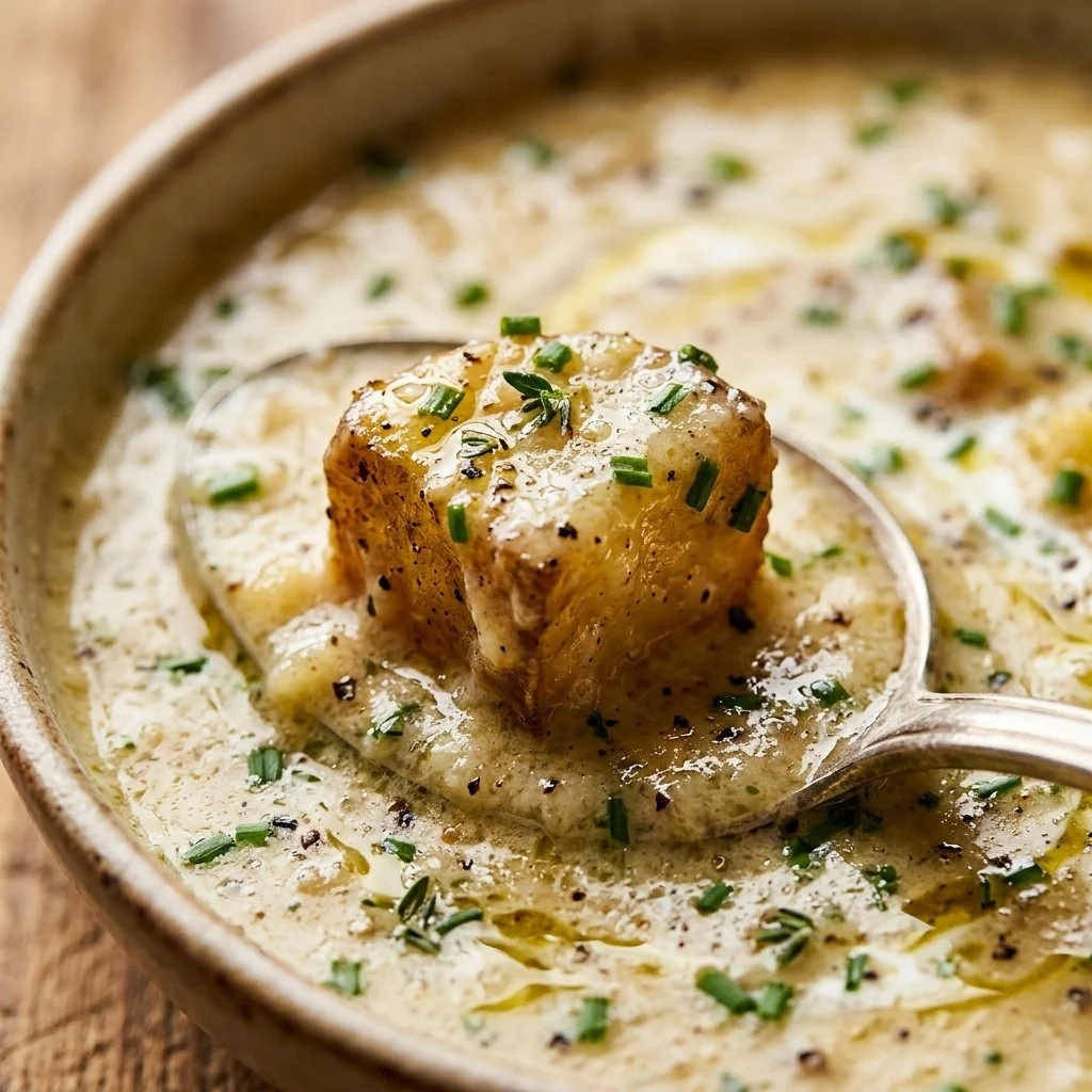 Delicious homemade potato soup garnished with chives.