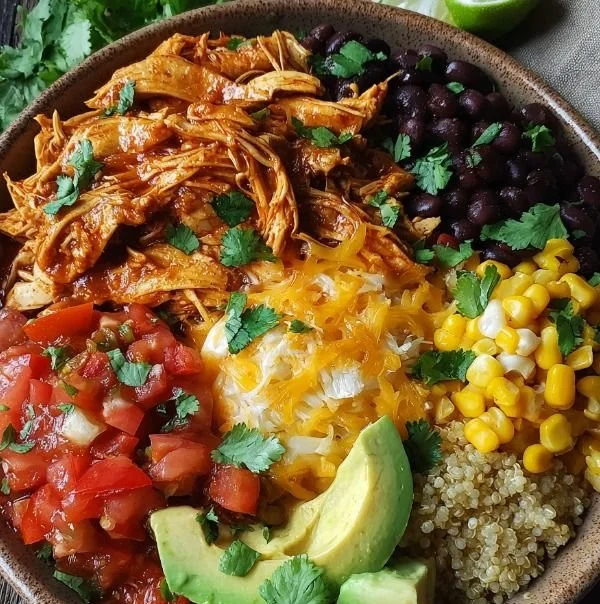 Delicious protein-packed chicken enchilada bowls with toppings and ingredients.